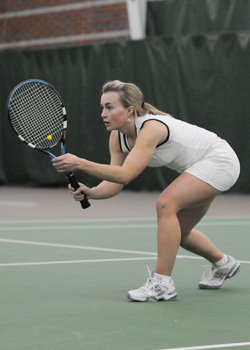 Katie Oost â€˜09 will lead the womens tennis team into a three-match weekend starting on Friday against PLU. Credit: Jacobson