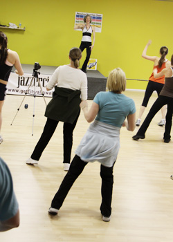 Janet Byerly, 50, leads her students in Jazzercise. Credit: Wheeler