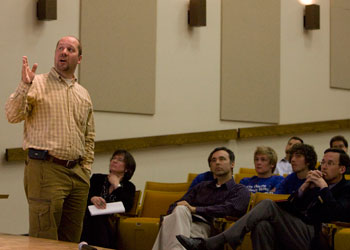 Athletic Director Dean Snider explains the proposed drop of the Whitman Varsity Alpine and Nordic Ski teams at the second forum discussing the proposal. The proposal will now be reviewed at a smaller meeting in relation to the recently drafted counter-proposal to keep the ski programs. No time has yet been set for that meeting. Credit: Kim.