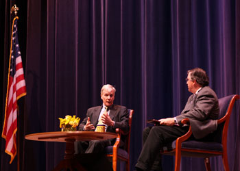 Former ambassador to Iraq, Ryan Crocker, â€˜71, sat down with Chair of History, David Schmitz on Tuesday, April 28 to discuss the future of the Iraq War. Credit: Norman.