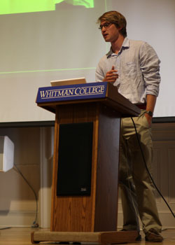 Andrew Aviza, â€˜09, lectures on the impact of new media on environmental campaigns. Credit: Norman.