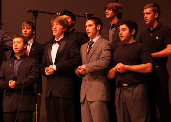 The members of Beta Theta Pi fraternity performed â€œTook My Girl Out Walking, and Kid Rocks â€œBawitadaba during the eighty-fifth annual Choral Contest. Pictured above from left to right: Joe Gustav, â€˜10, Jon Bressler, â€˜11, Devin Stone, â€˜12, John David Davidson, â€˜11, Ben Elstrott, â€˜12, Masud Shah, â€˜11, and Tim Strother, â€˜12. Credit: Norman.