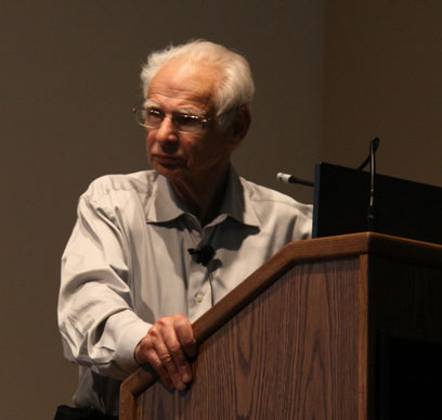 Holocaust survivor, Fred Taucher tells his story to a packed Maxey Auditorium on April 21. Credit: Wheeler.