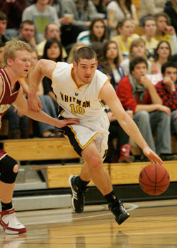Chris Faidley, â€˜09, led the Whitman mens basketball team in points, three pointers made, steals, free throw percentage and minutes played. Credit: Kim