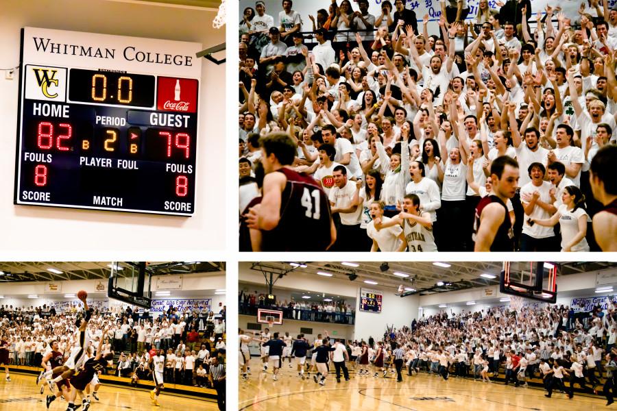 As over 1,200 fans screamed and chanted in the stands, the Whitman mens basketball team pulled off an incredible victory over Whitworth University — the #1-ranked DIII team in the nation — last Tuesday, February 15th. Following nearly two hours of fast-paced competitive play, the Missionary men scored 17 points in the remaining five minutes for the win. The roaring crowd of students, faculty & staff, alumni and community members flooded the court in celebration. Credit: Marie von Hafften
