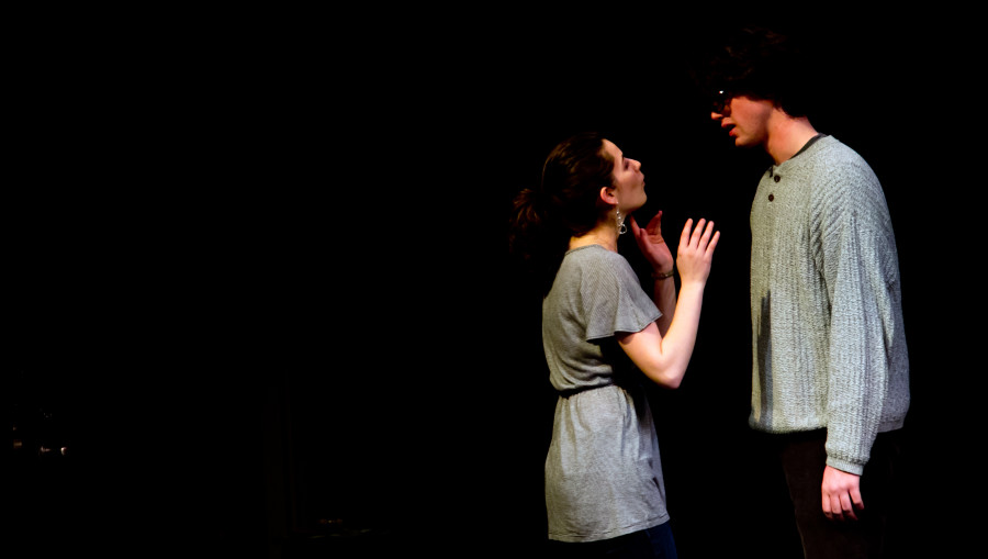 Zoe Randol and Russell Sperberg during a rehearsal of Mabel, a one-act written by Michaela Gianotti and directed by Sarah Wright. The show is part of the One-Act Play Contest, at Harper Joy from Feb 16-20. Credit: Ben Lerchin