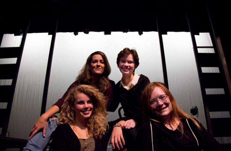 Senior theater majors prepare for their performance in Top Girls. Front row, from left: Kathryn Bogley 15, Annie Szeliski 15. Back row, from left: Sarah Ann Wollett 15, Caroline Rensel 15. Photo by Halley McCormick.