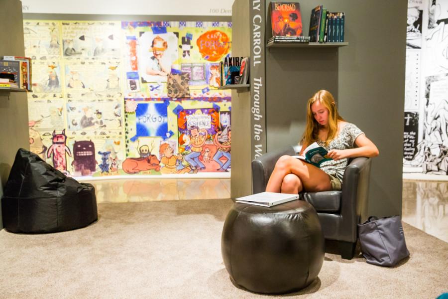 Louise Karneus (16) is pictured here reading in the central lounge of the exhibit.