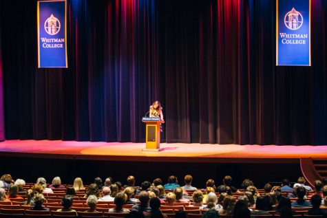 Pictured: Leslie Jamison gives a talk in Cordiner Hall. Photo by Henry Honzel