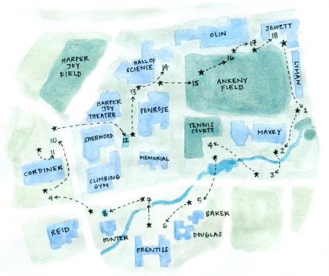 The Whitman Colelge campus Frolf course. Illustration by Claire Revere.