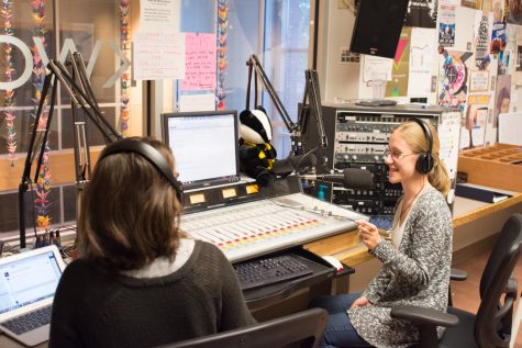 Jane Kern (left) and Megan Gleason (right) recording their Harry Potter themed show,  Witching Hour, on KWCW