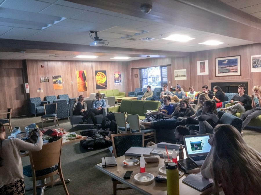 Students gathered in Jewett Hall to watch the Super Bowl