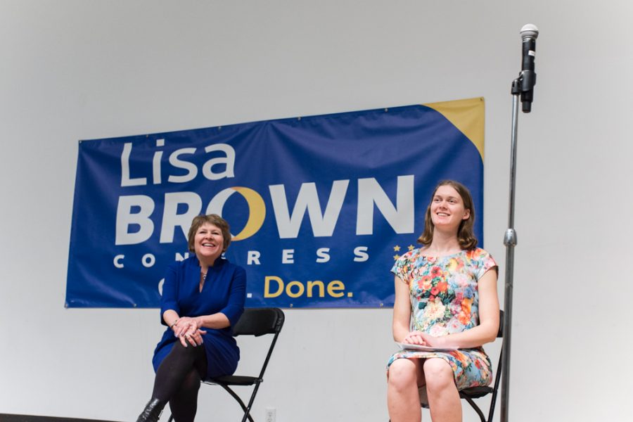 Lisa Brown (left) and FACE representative junior Georgia Lyon (right) at Monday’s town hall-style event. 