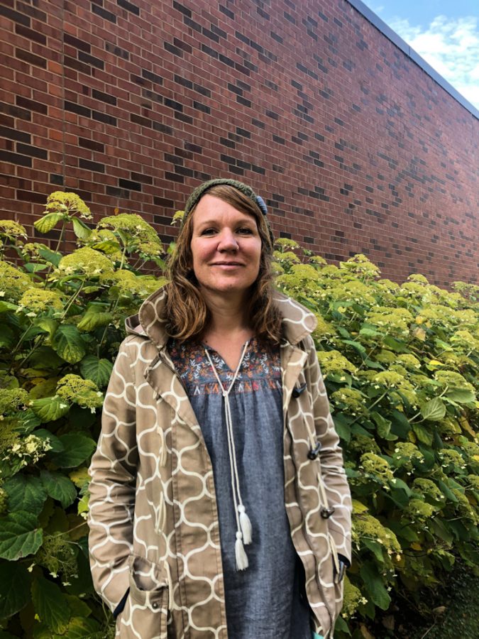 Visiting Professor Eva Hoffmann poses with the Walla Walla autumn. Hoffmann began working at Whitman in the fall of 2017. 