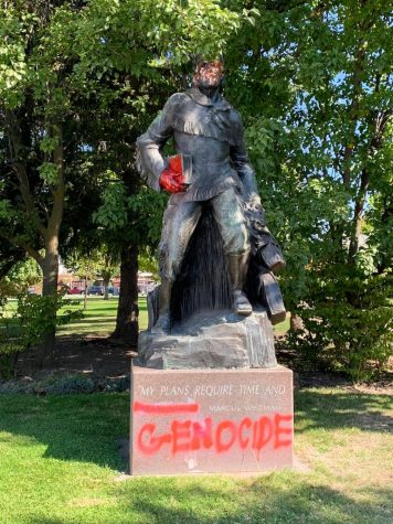 The Marcus Whitman statue on the edge of campus was spray-painted red multiple times in the weeks leading up to Columbus Day along with other messages scattered across Whitman campus. Photo contributed by Kaitlyn Patia