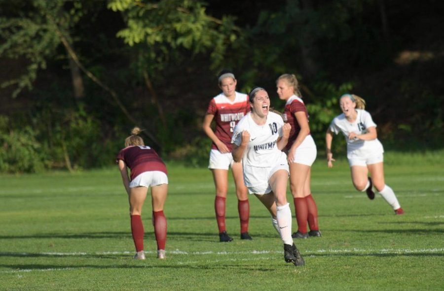 Senior Pagan Hetherington celebrates game-winning goal as Blues snatch the overtime win. Photo contributed by Whitman Athletics 