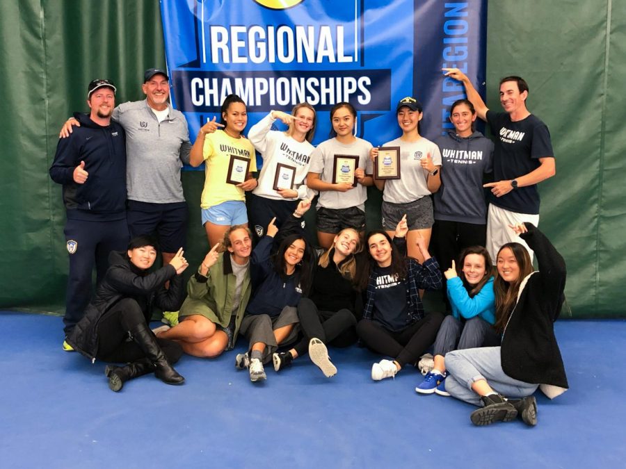 Whitmans womens tennis team celebrates a successful run in the ITA Fall Regional Championships. Photo contributed by Andrea Gu
