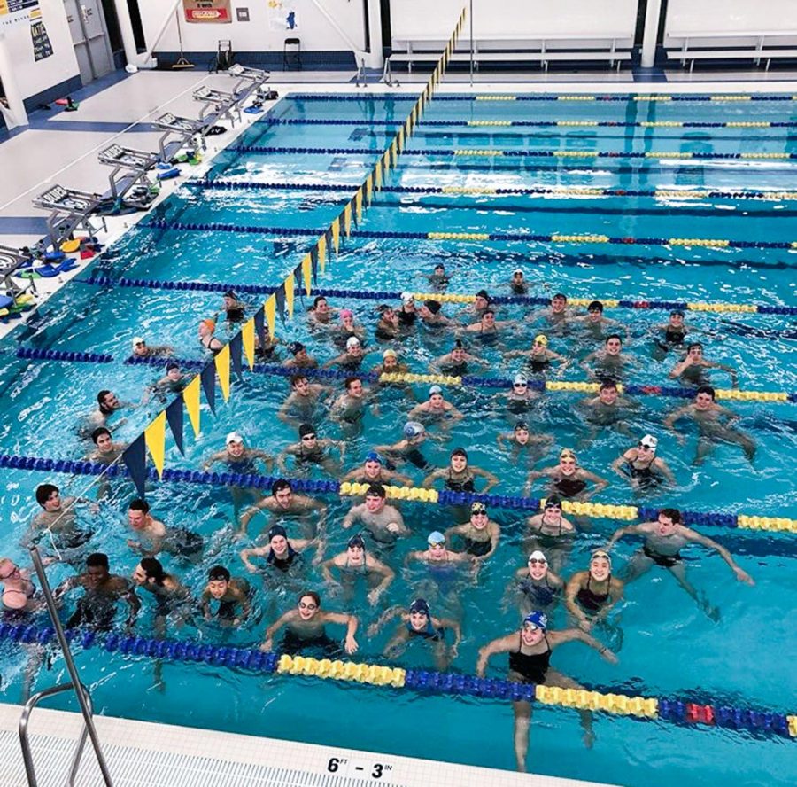 Whitman students and Walla Walla community members participate in “Hour of Power,” a swim relay race that raised awareness and money for the Ted Mullin Fund for Pediatric Sarcoma Research. Photo contributed by Whitman Athletics.