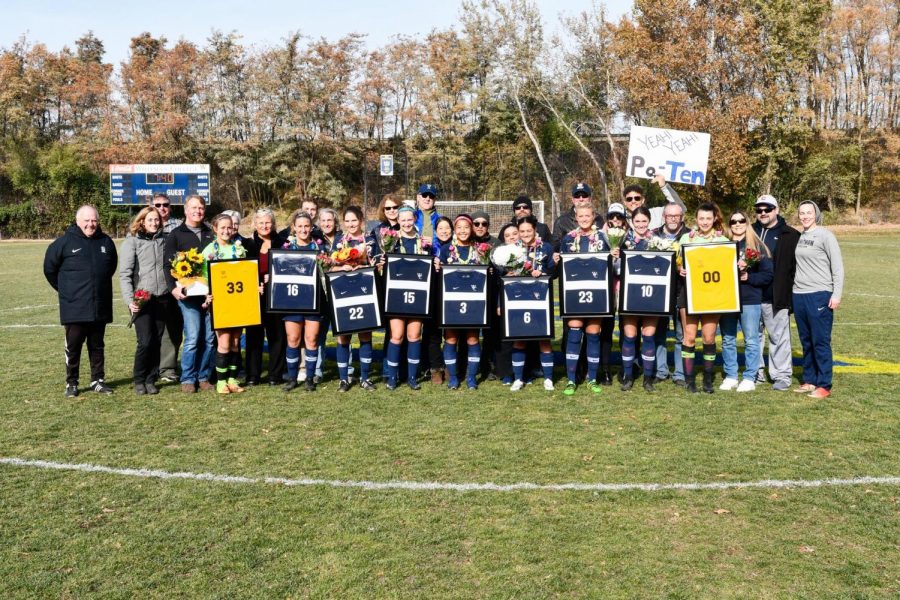 Women’s soccer seniors pose with their framed Whitman jerseys. From left to right: Allie Seracuse, Sophie Brussell, Emily Rigsby, Sofia Ellington, Jessie Mano, Tate Kautzky, Kenz Tierney, Pagan Hetherington and Bryanna Schreiber. Contributed photos by Bryanna Schreiber