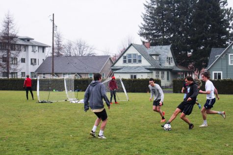 Students enjoy an afternoon game of IM soccer on Harper Joy Field. 