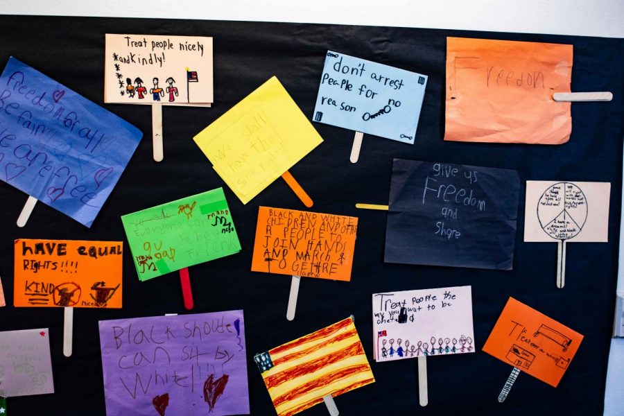 The Whitman Teaches the Movement exhibition in the Stevens Gallery features protest signs made by students in the Walla Walla Public School District. Photo by Carson Jones