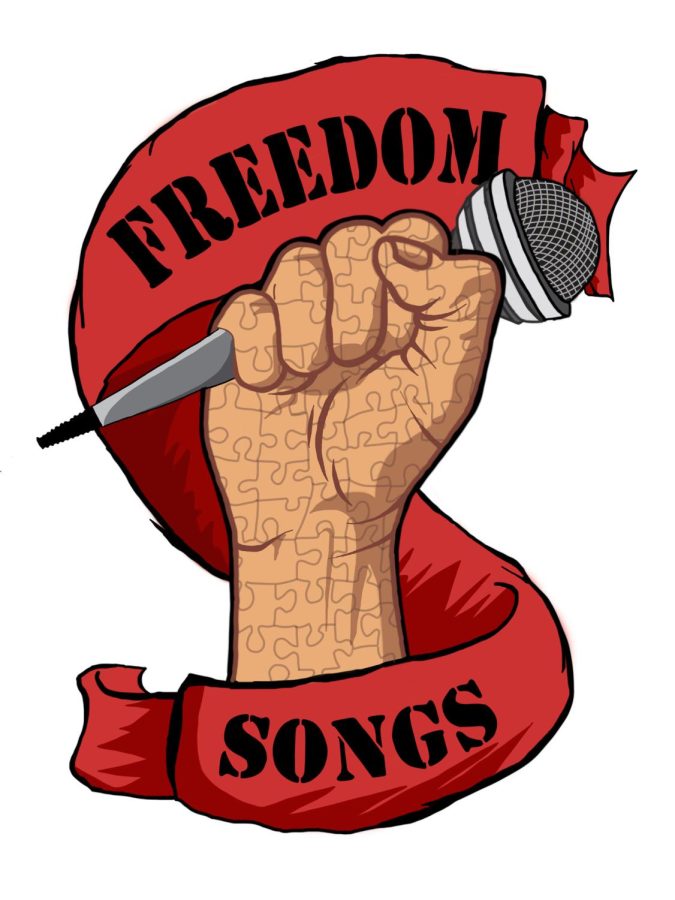 Image description: the Freedom Songs logo, a red ribbon wrapped around a raised fist holding a microphone