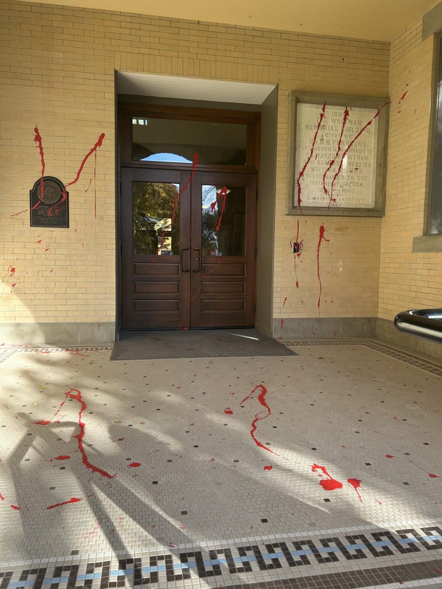 Red paint splashed across Memorial Building.